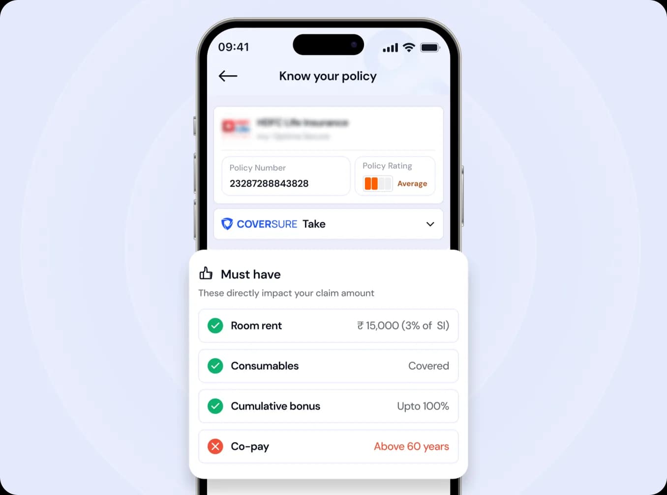 CoverSure app showing the must-have features of a policy
