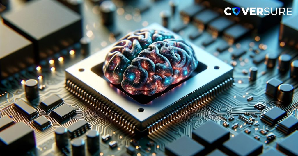 A digitally enhanced image of a luminous, brain-shaped object on a computer chip, surrounded by electronic circuitry, symbolizing AI in insurance.